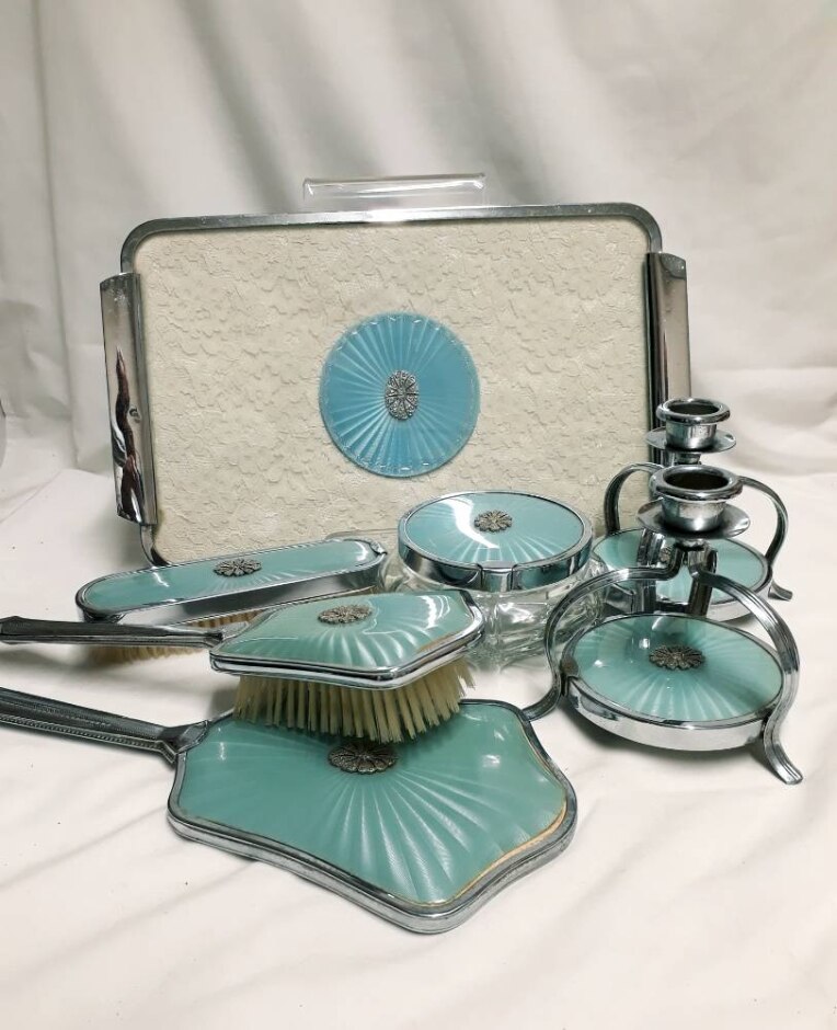 Vintage 1950's 7 Piece Teal Vanity Set