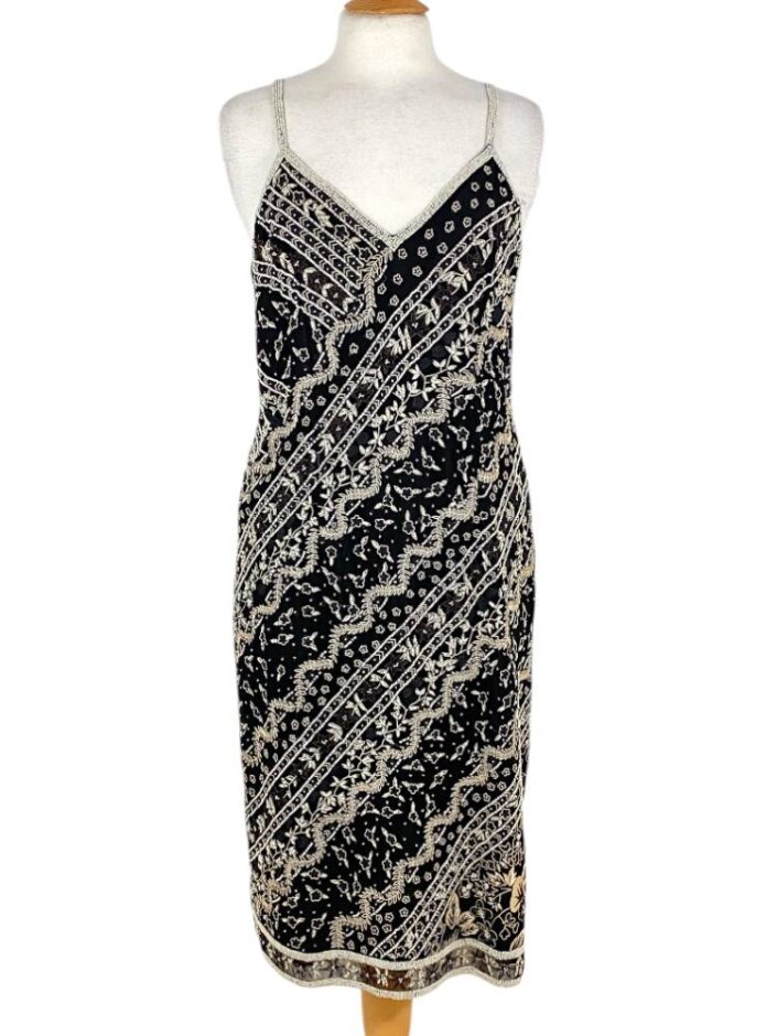 Kaliko Beaded Silk Strap Dress Black & Ivory Size: 12