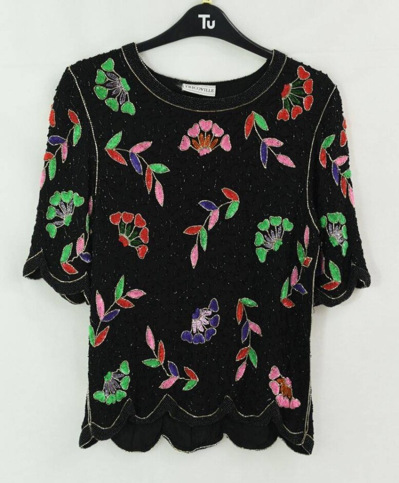 Tricoville Vintage Beaded Floral Top Black Size: S