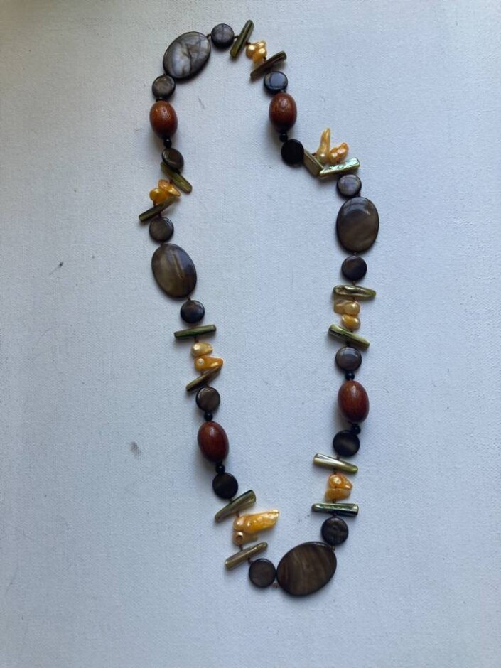Lovely Vintage  Mixed Bead Necklace With Shells, Stones And Wooden Beads