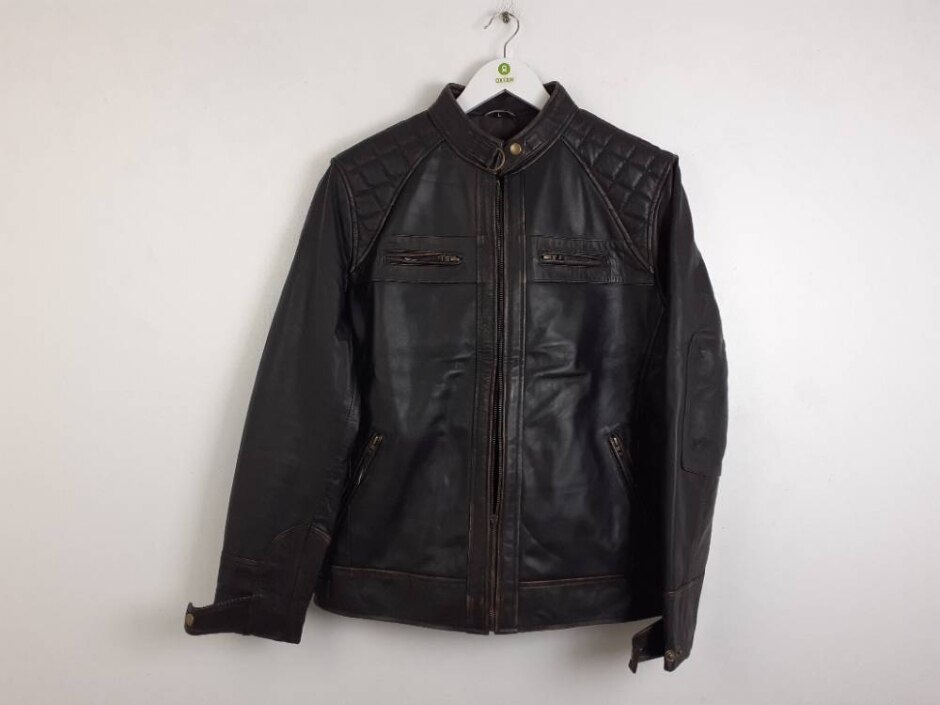 Real Leather Men's Diamond  Ruboff Bomber Jacket Brown Size: L