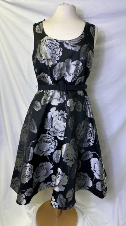 Monsoon Floral Jacquard Belted Dress Black & Silver Size: 12