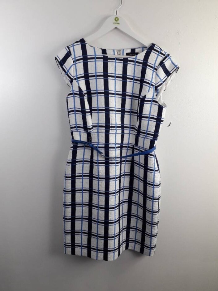 Tahari Sleeveless Belted Dress White Blue Size: 12