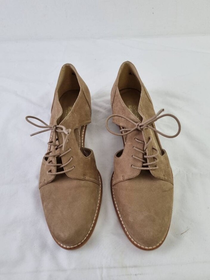 Stuart Weitzman Russell & Bromley Suede Cut Out Flat Shoes Camel Beige