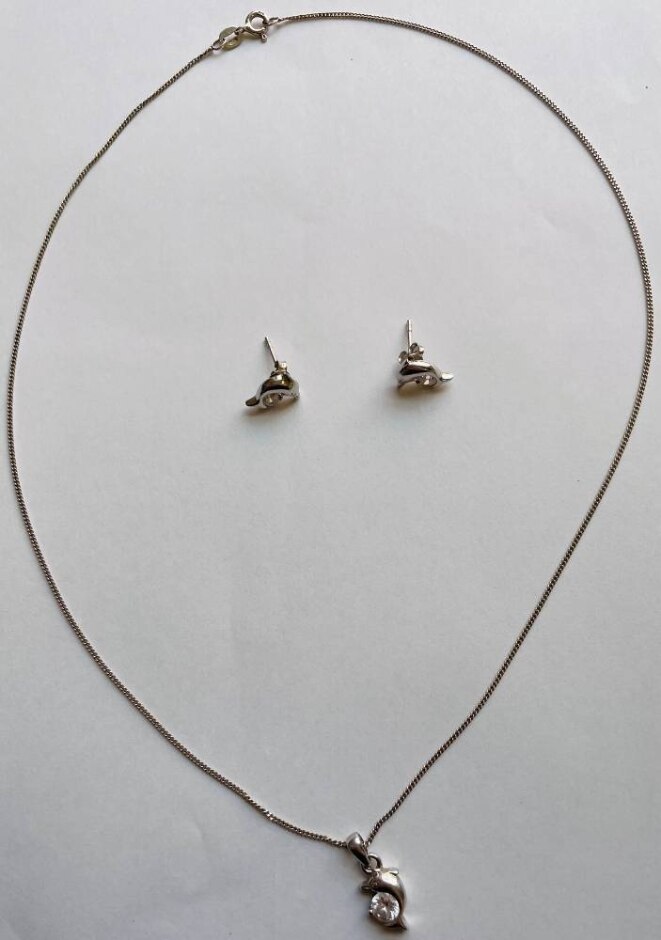 925 Sterling Silver Dolphin Charm Earring And Pendant Necklace Set