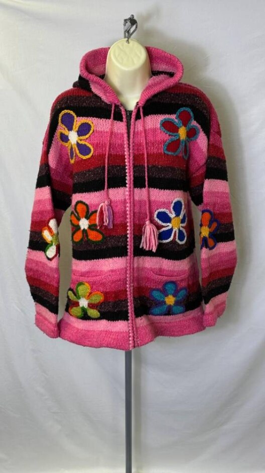 Ecuador Knitwear 100% Wool Floral Knitted Hoody Pink Multi Size: M
