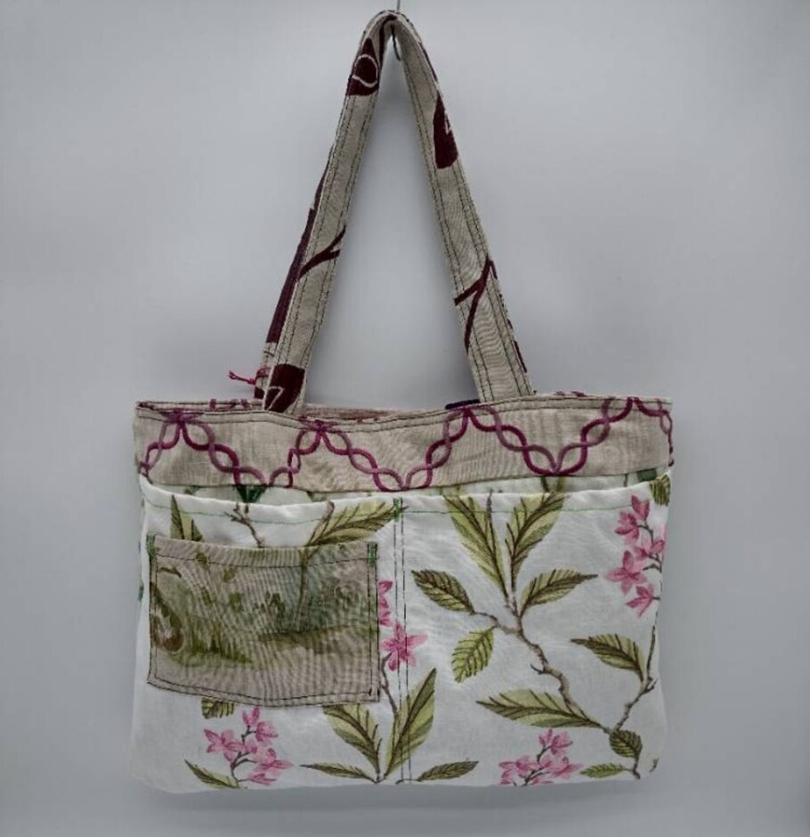 Oxfam X Loom Reversible Tote Bag Exclusive Upcycled Collection Green Purple-beige Leaves Embroidered