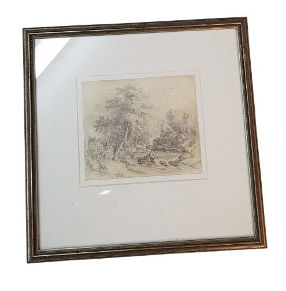 Antique Early 19thc Pencil Drawing Riverside Scene (wales? Scotland?) Unsigned Professionally Framed