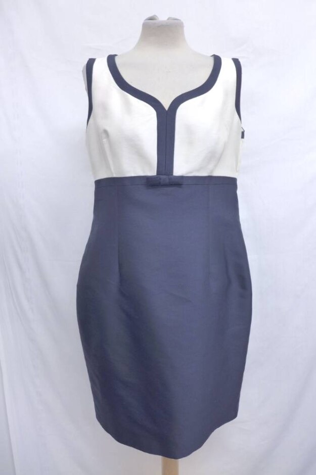 Hobbs Wool & Silk Pencil Dress Navy & Cream Size: 14