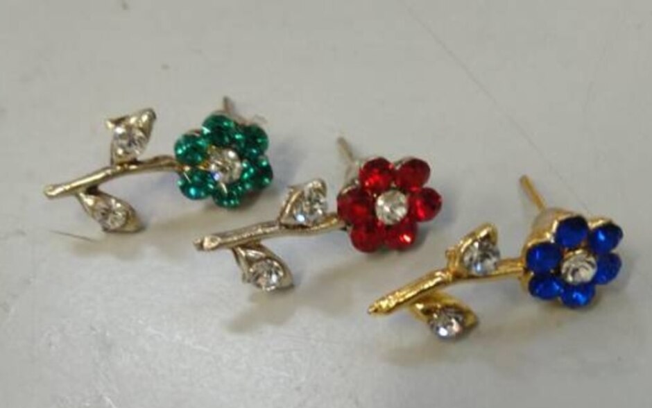 Trio Of Flower Design Stud Drop Earrings 1 X Red 1 X Blue 1x Green For Pierced Ears New