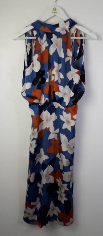 Mint Velvet Margot Print High Neck Dress Blue & Rust Size: 10