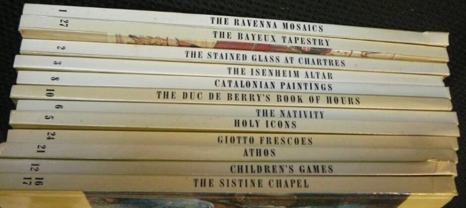 12 X Orbis Pictus Series: Nos. 1,2,3,5 Icons,6,8,10,12, 16,21 Sistine Chapel,24,27 Bayeux Tapestries