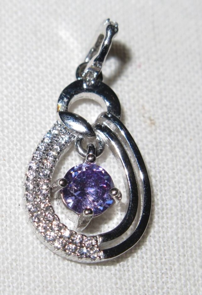 Vintage Silver Tone Pendant With Amethyst Stone And Clear Crystal Decoration.