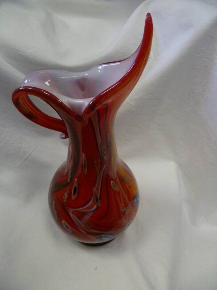 Vintage Murano Style Sommerso Glass Jug - Patterned Ruby Red, Height Approx 40cm, Approx 4kg
