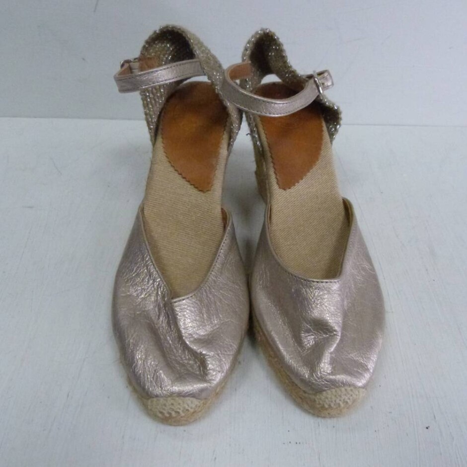 Penelope Chilvers High Mary Jane Metallic Leather Espadrille Champagne Size 6