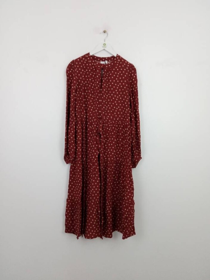 Fresha London Viscose Rich Polkadot Tiered Midi Dress New Brown Mix Size: S