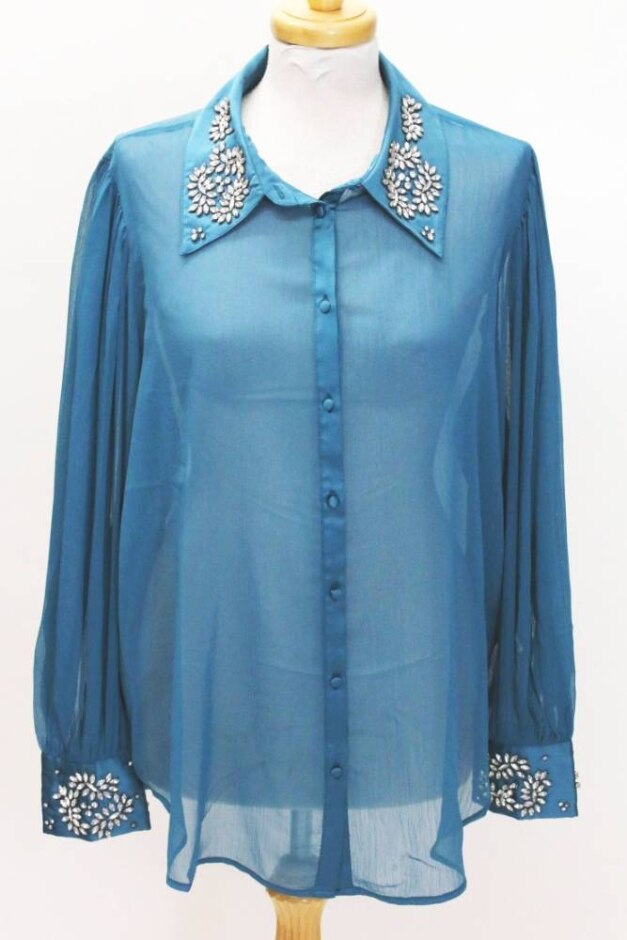 Monsoon Faux Jewel Long Sleeved Blouse Turquoise Size: 20