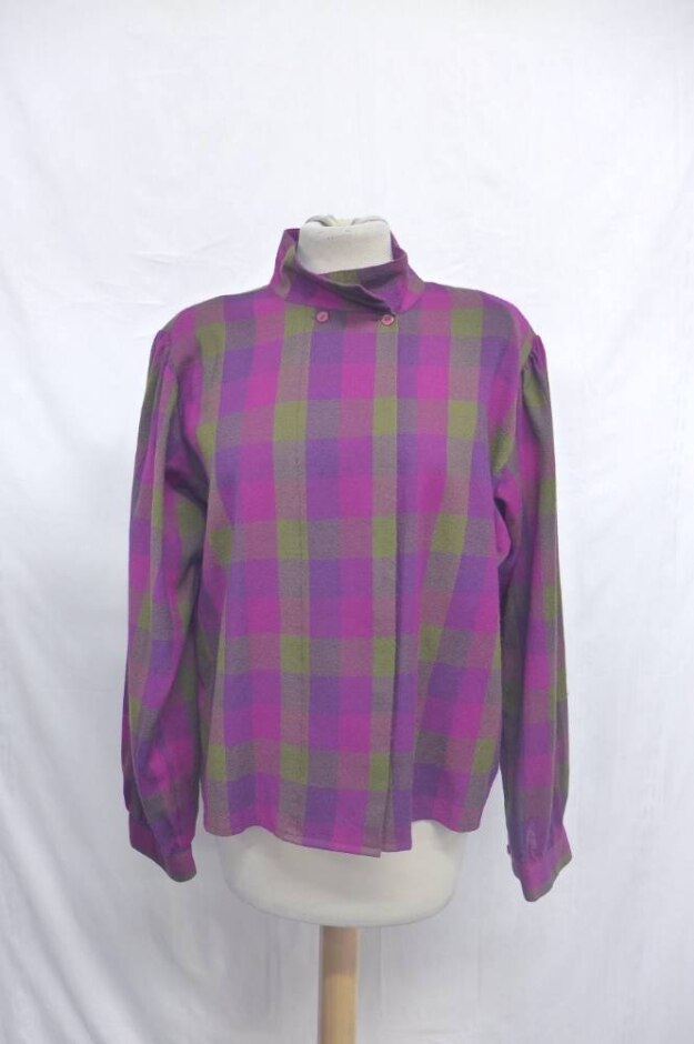 Peter Martin Plaid Button Over Wool Coat Purple & Green Size: One Size