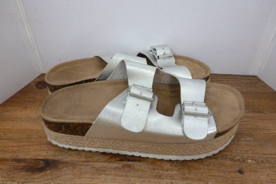 M&s Collection Silver Leather Platform Espadrilles Size 5