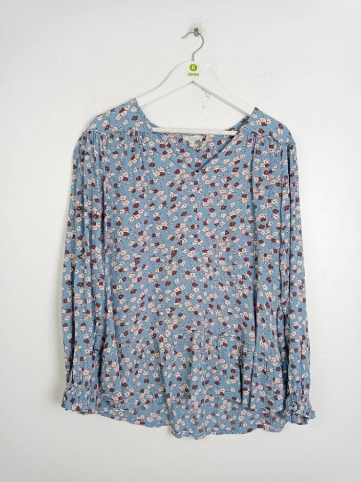 Fat Face Floral Long Sleeved Blouse Blue Brown Size: 8