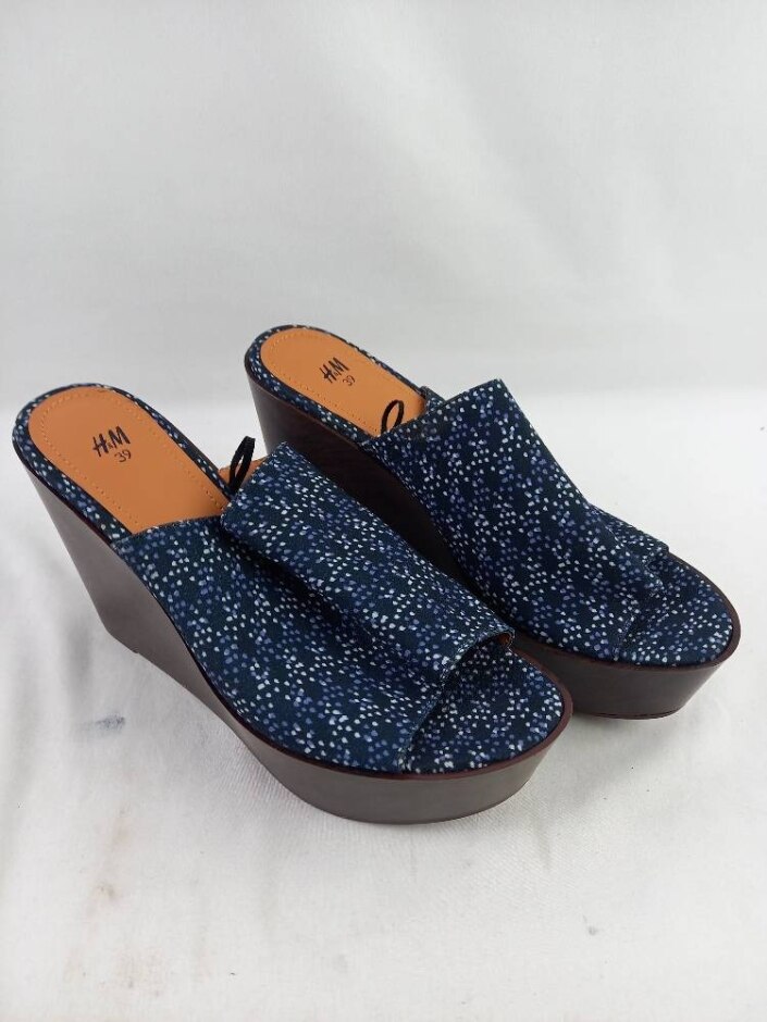 H&m Summer Chunky Wooden Platform Slip-on Wedge Sandals In Blue Brown Size 6/39 New