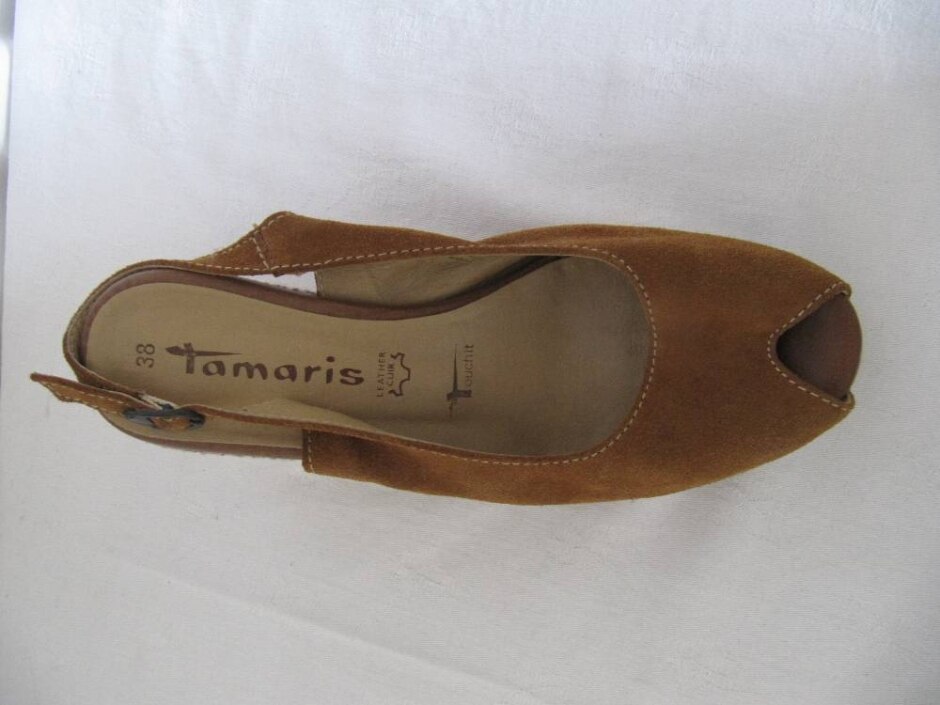 Tamaris Wedge Heel Light Brown Suede Sling Backs / Peep Toes. Size 38/ 5 Uk.