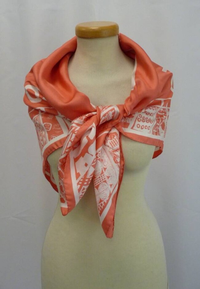 Timney London Clock Design Silk Scarf (coral & White; 35" X 35")