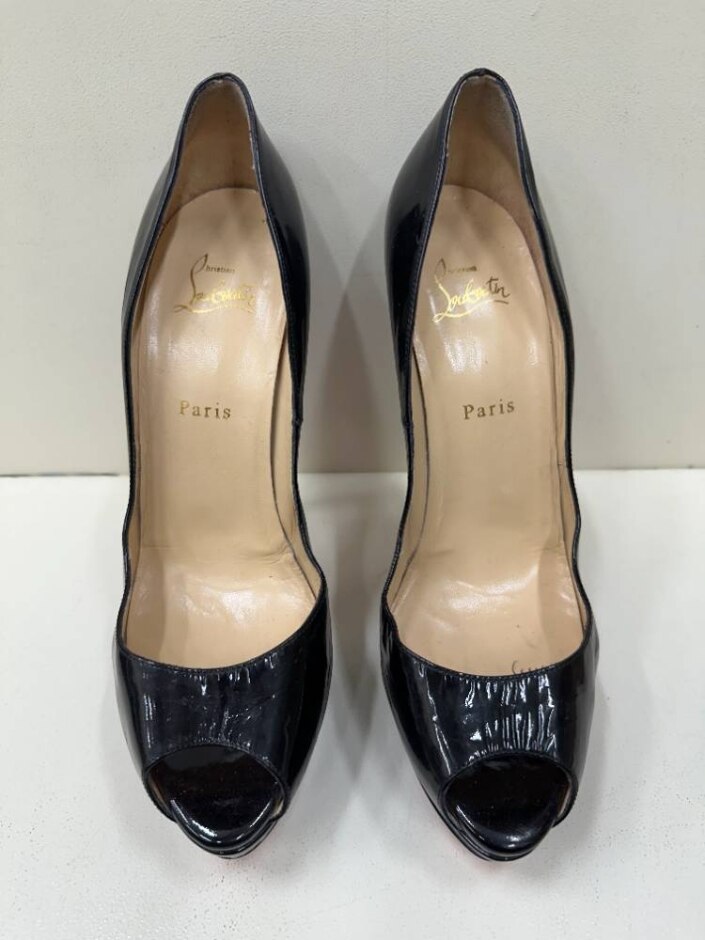 Christian Louboutin Peep Toe Black Patent High Heels With Red Soles Size 42 (uk 8)