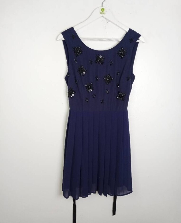 Next Pleated Embellished Mini Dress Navy Blue Size: 12