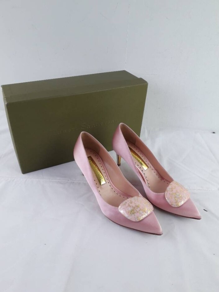 Rupert Sanderson 24k Gold Pink Splatter Pink Satin Heels Size Eu35