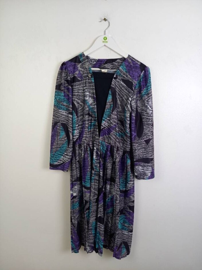 Vintage 80's Printed Abstract Women's Long Sleeve Dress Multicolour Size: 16