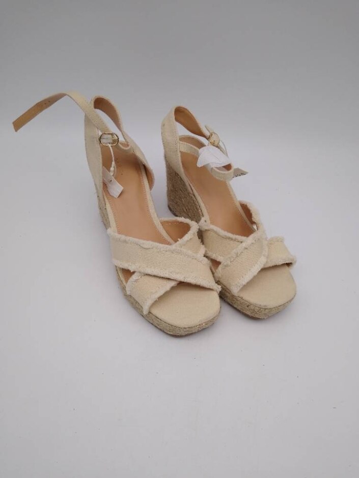 M&s Women's Woven Base, Fabric Wedge Heels In Cream With Gold Weaving Size 6 New