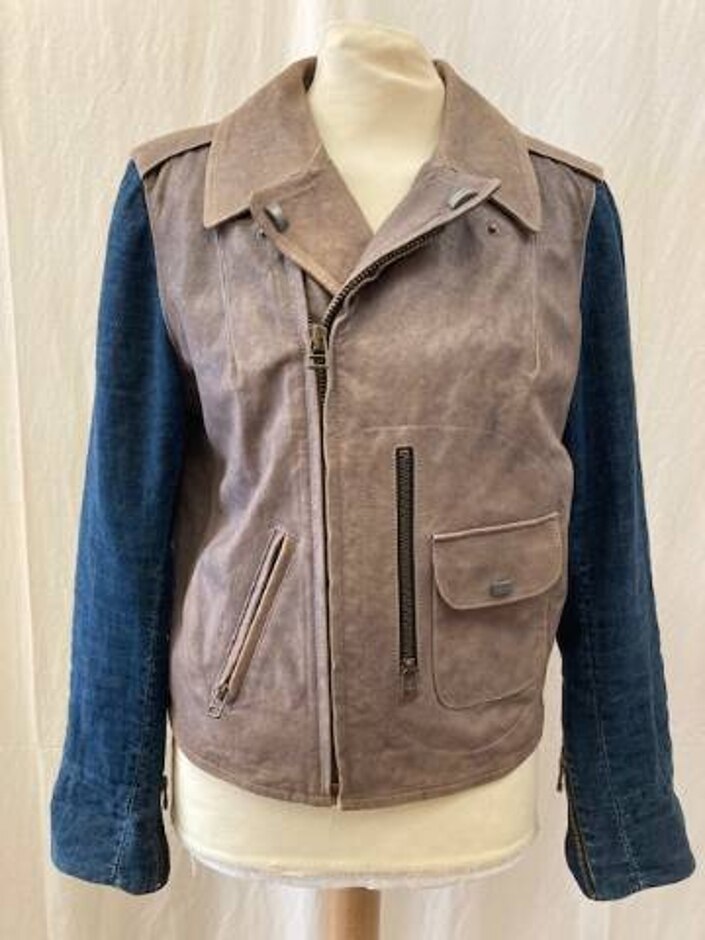 Mih Leather/denim Biker Jacket Grey And Blue Size: 10