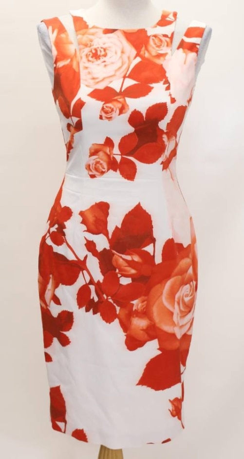 karen millen floral print fitted dress white & red size: 12