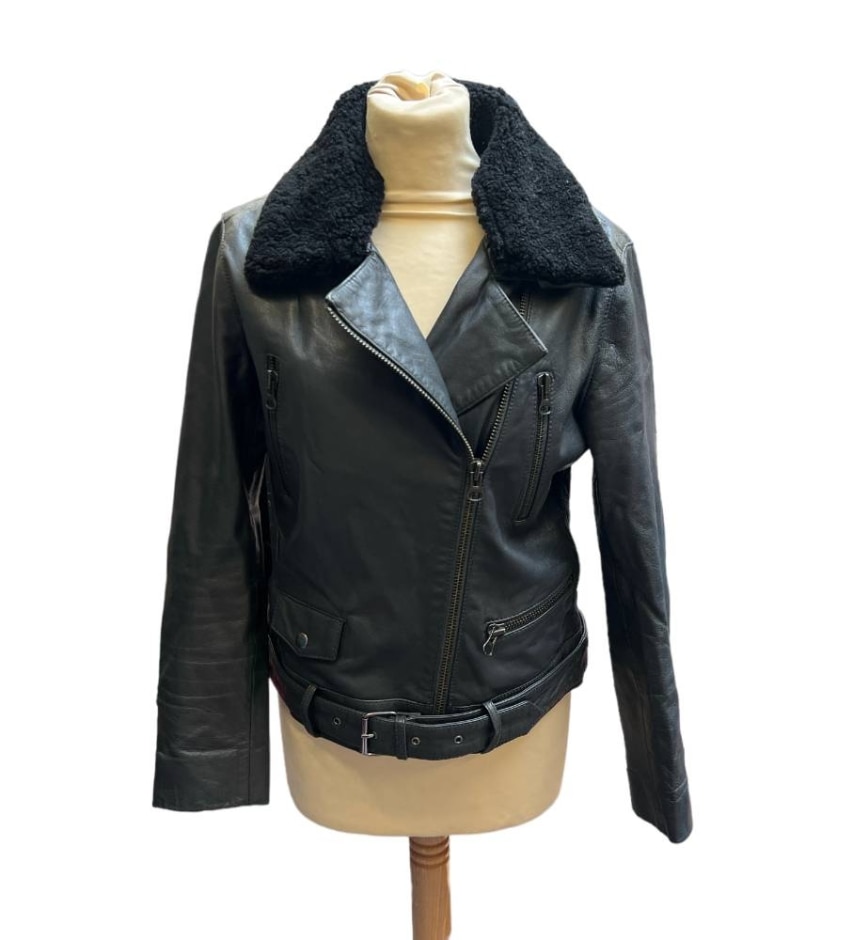 hush leather biker jacket dark grey size: 8