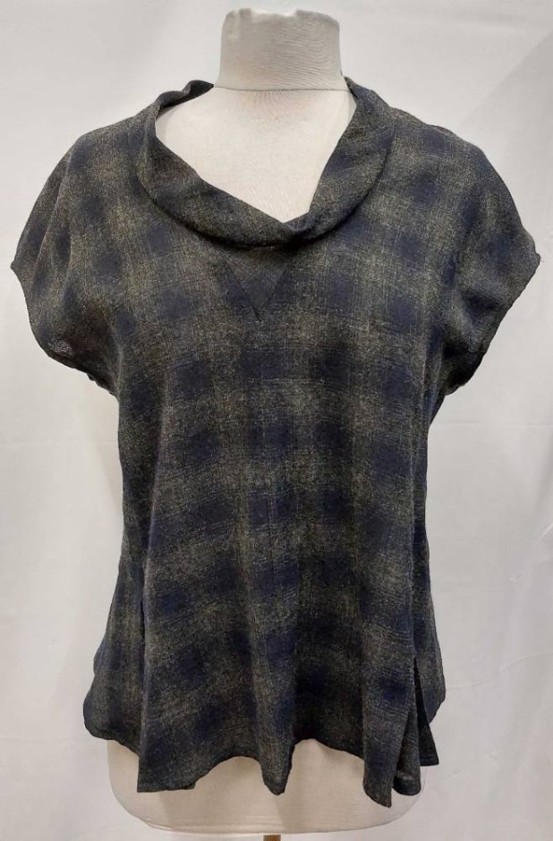 nicole farhi wool mix checked blouse top grey & blue size: 14